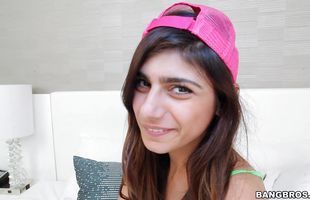 Cute booty Mia Khalifa knows how to suck slim jim and make fucker moan and sigh from pleasure