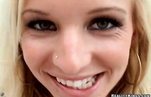 Classy young blonde floozy Eden Adams works her mouth on a thick love stick